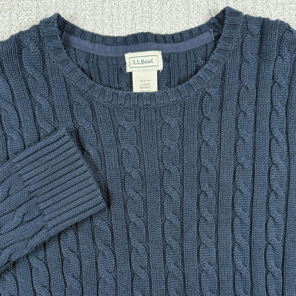LL Bean Women's Large Blue Cable Knit Cotton Pullover Crew Neck Sweater